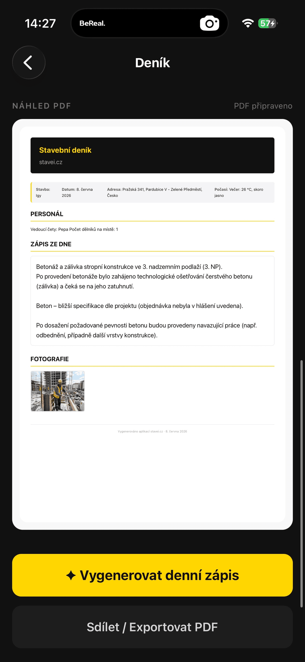 PDF export stavebního deníku