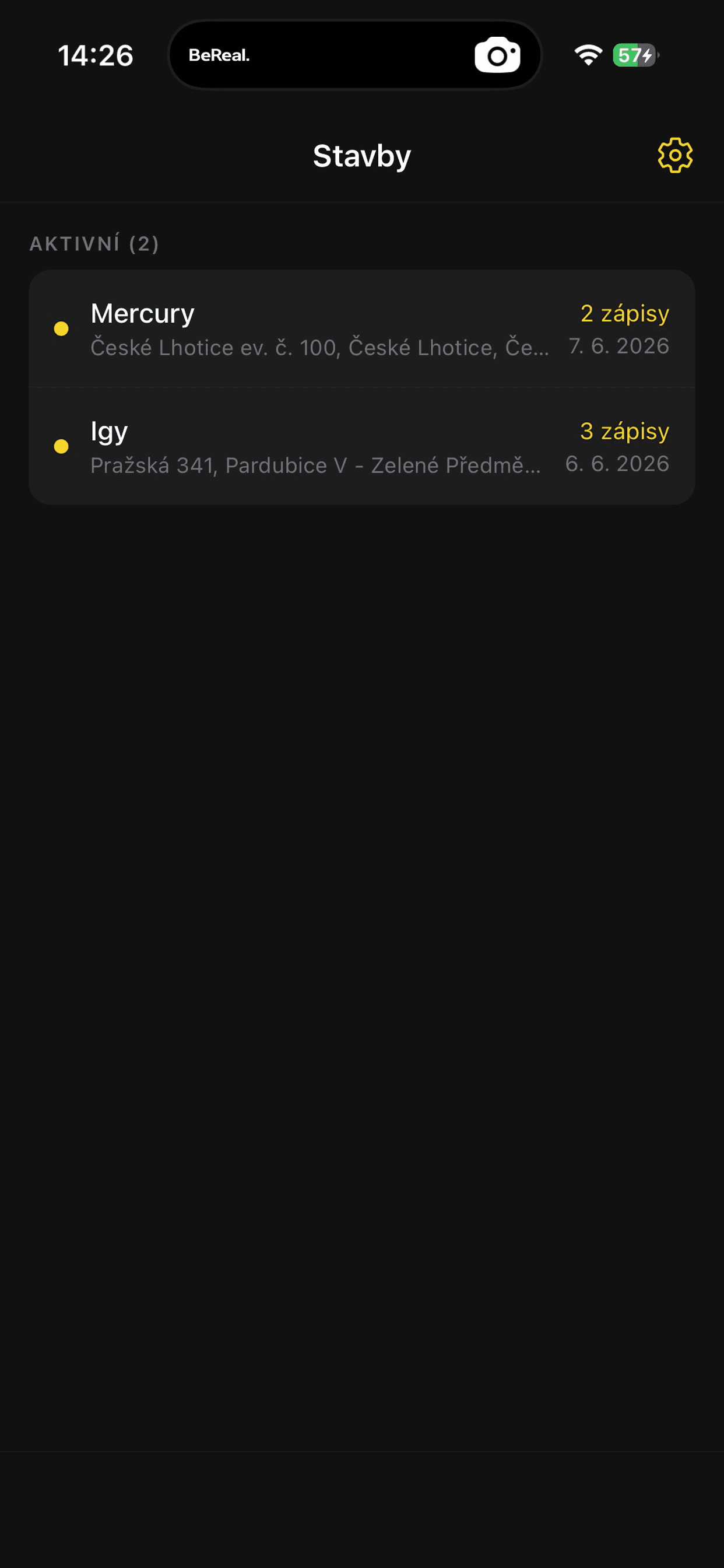 Přehled projektů v aplikaci Stavei